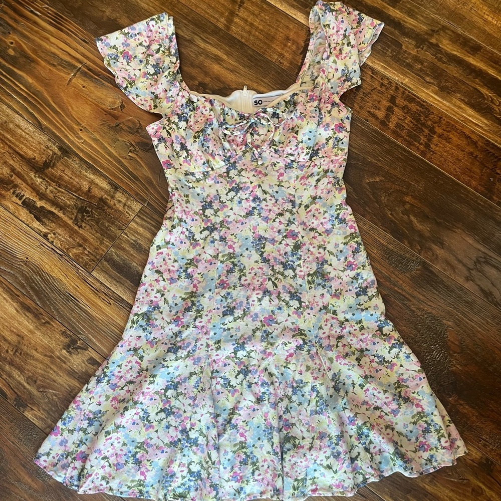 SO Juniors Blue and Pink Ruched Ruffled Sundress